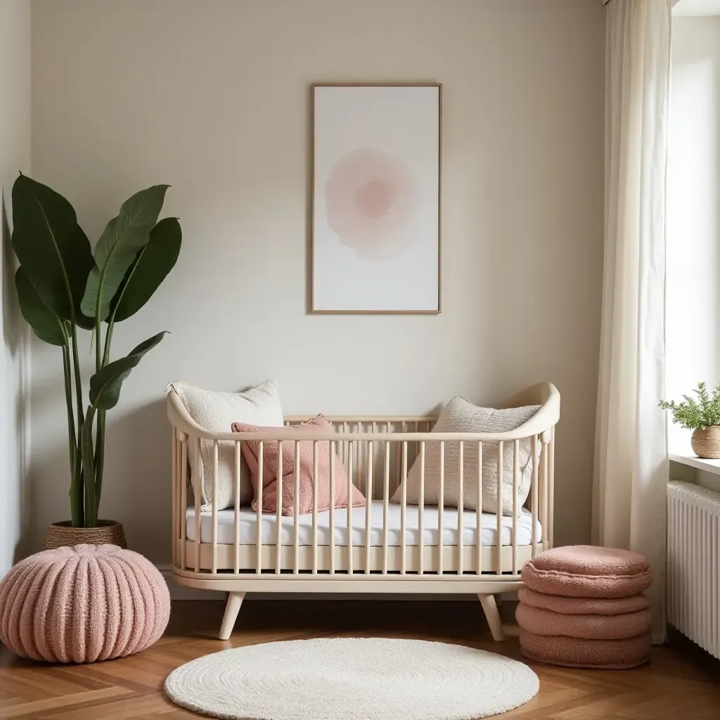 a photo of a nursery with a cozy corner filled with plush Mediterranean textiles