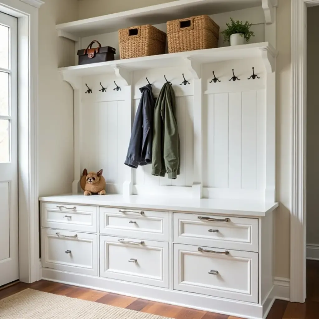 a photo of a practical mudroom with a combination of hooks and drawers