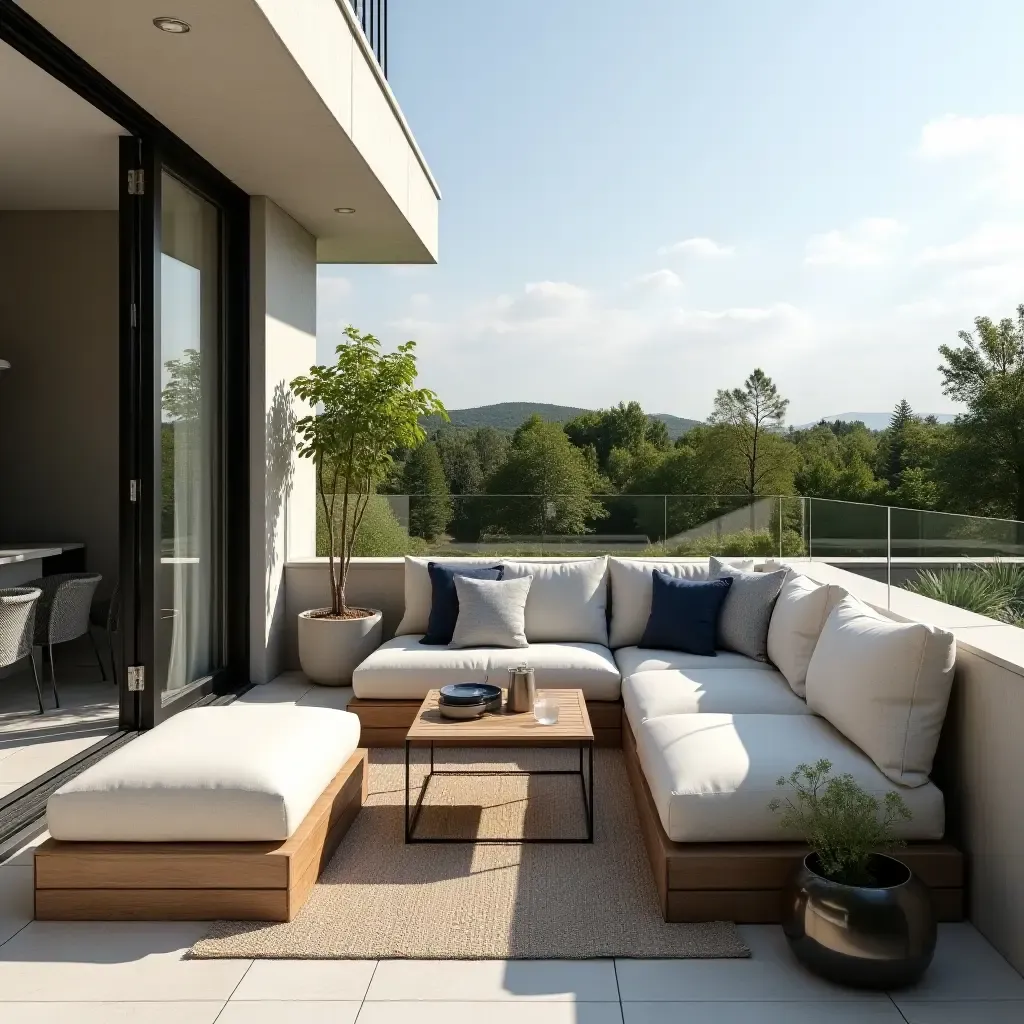 a photo of a balcony with a modern outdoor sofa and cushions