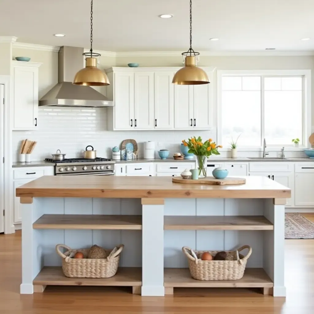 a photo of a coastal-themed kitchen island with natural wood and seaside decor