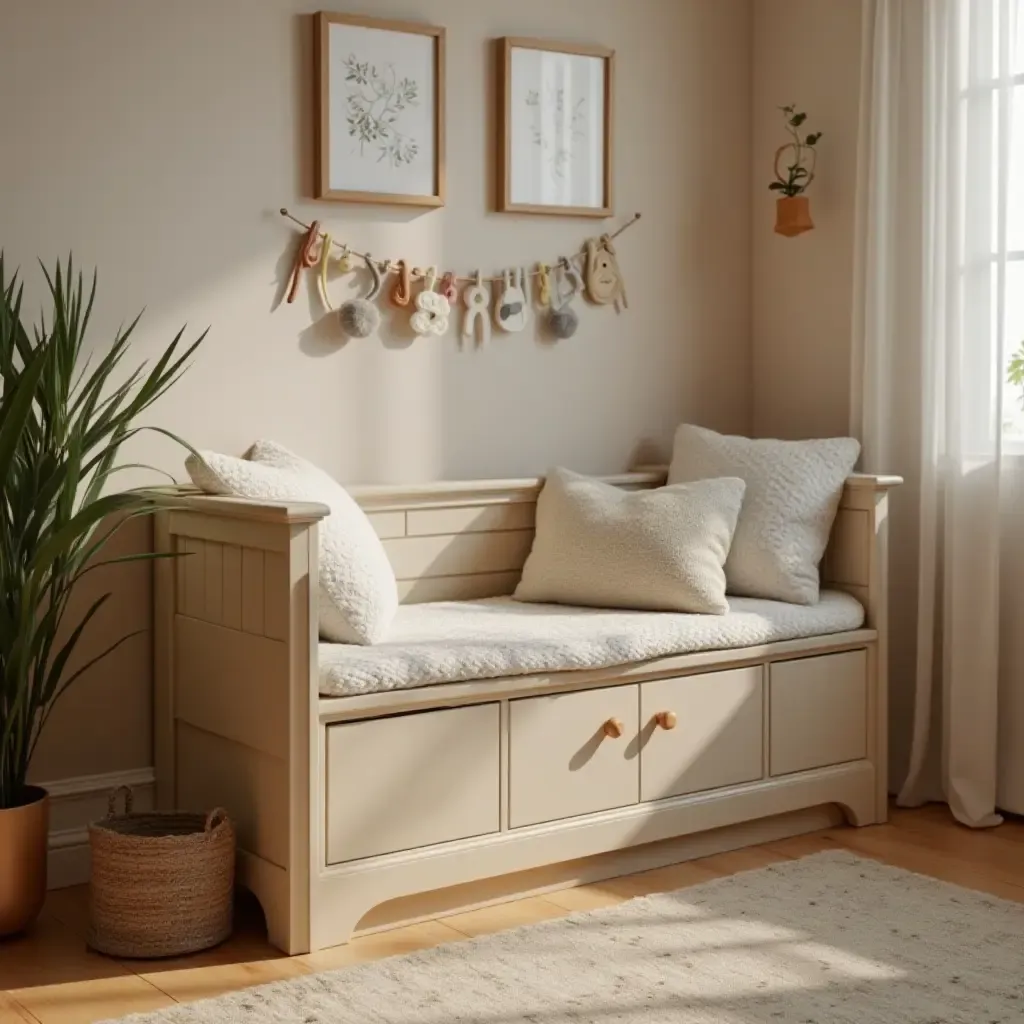 a photo of a multifunctional storage bench in a playroom