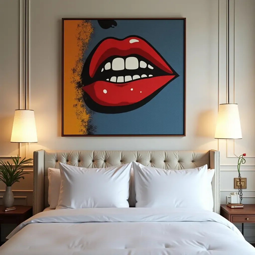 a photo of a bold pop art piece above a bed