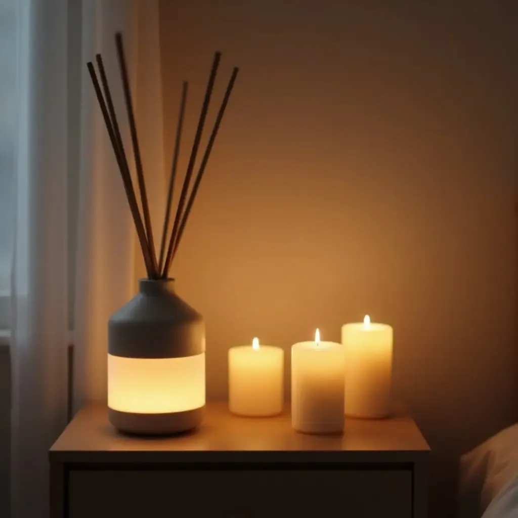 a photo of a nightstand with a calming scent diffuser and candles