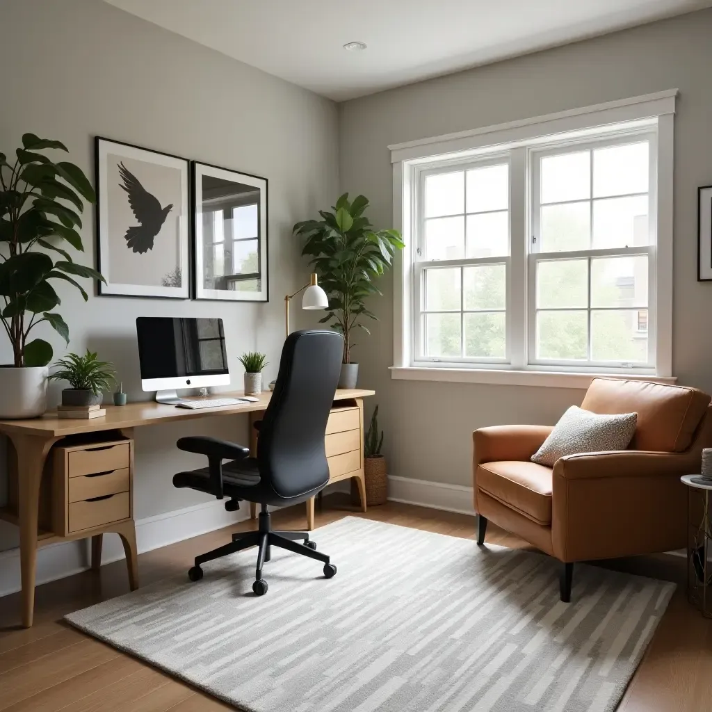 a photo of a stylish basement home office with ergonomic furniture and natural light