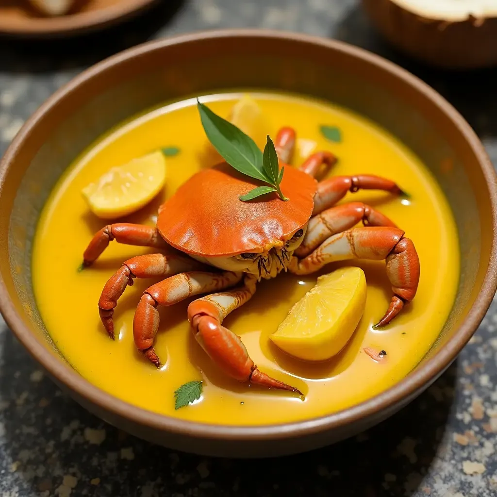 a photo of a unique Thai turmeric curry with crab and young coconut, vibrant and aromatic.