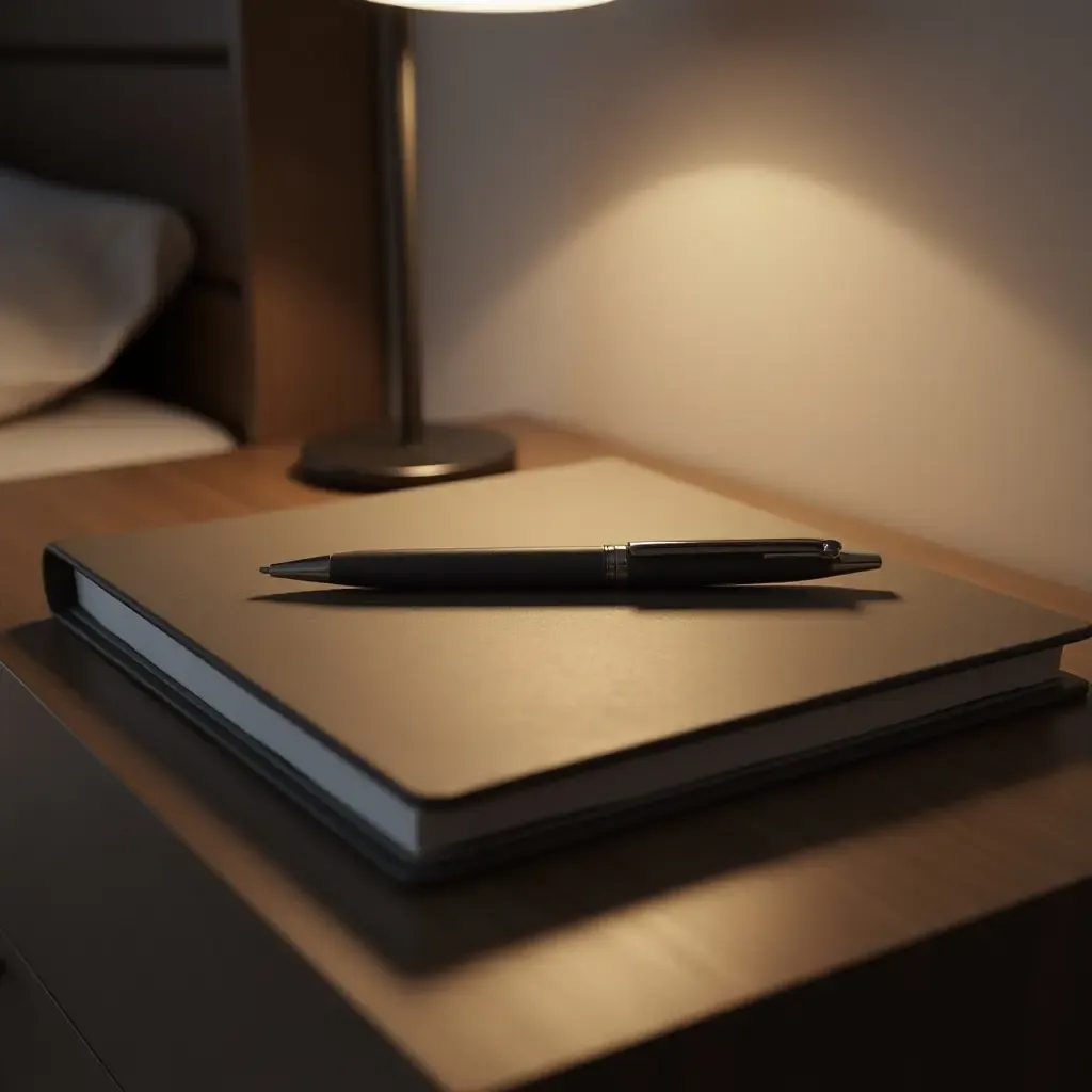 a photo of a sleek nightstand with a journal and elegant pen