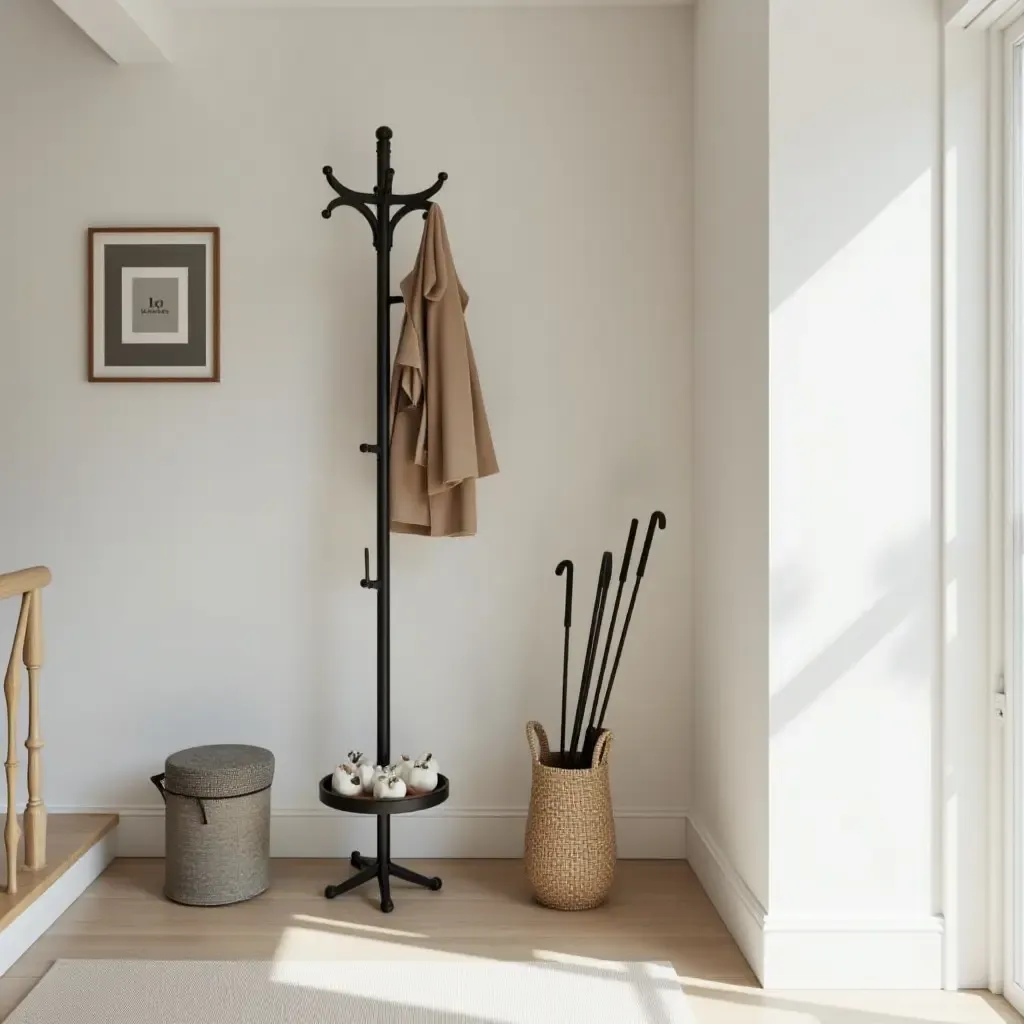 a photo of an entrance hall with a stylish coat rack and umbrella stand