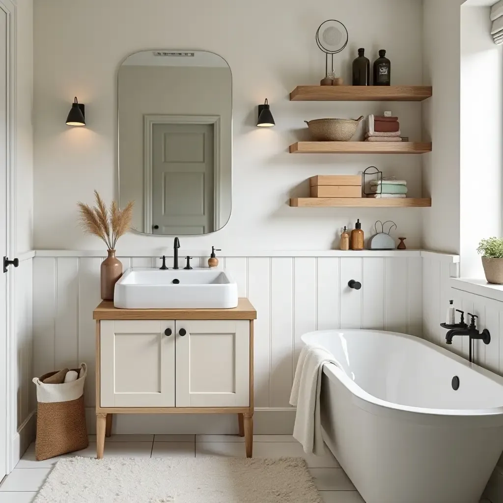 a photo of a charming bathroom with handmade decor and wooden shelves