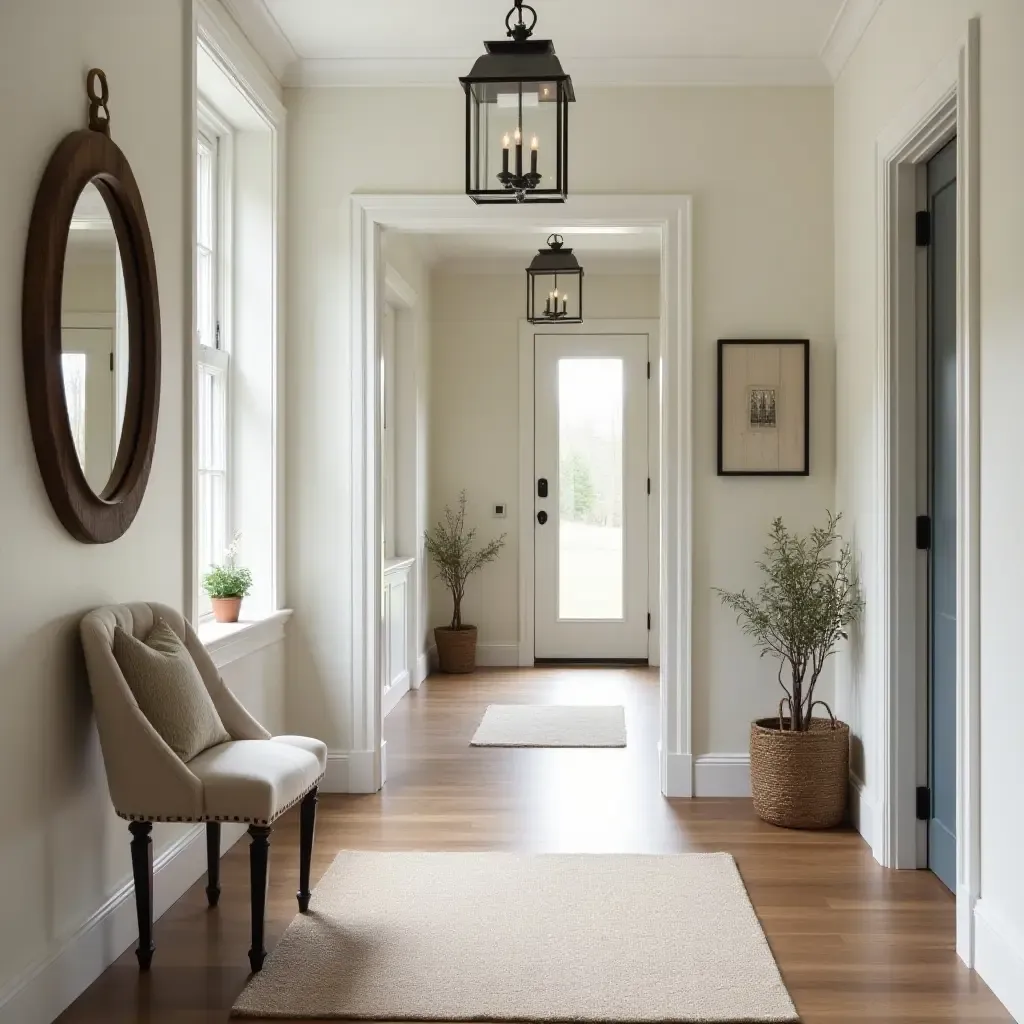 a photo of a timeless hallway with a mix of textures and farmhouse decor