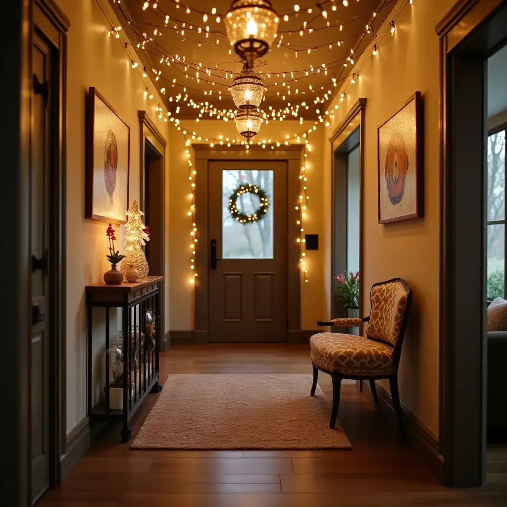 a photo of a cozy entrance hall adorned with fairy lights and whimsical wall art