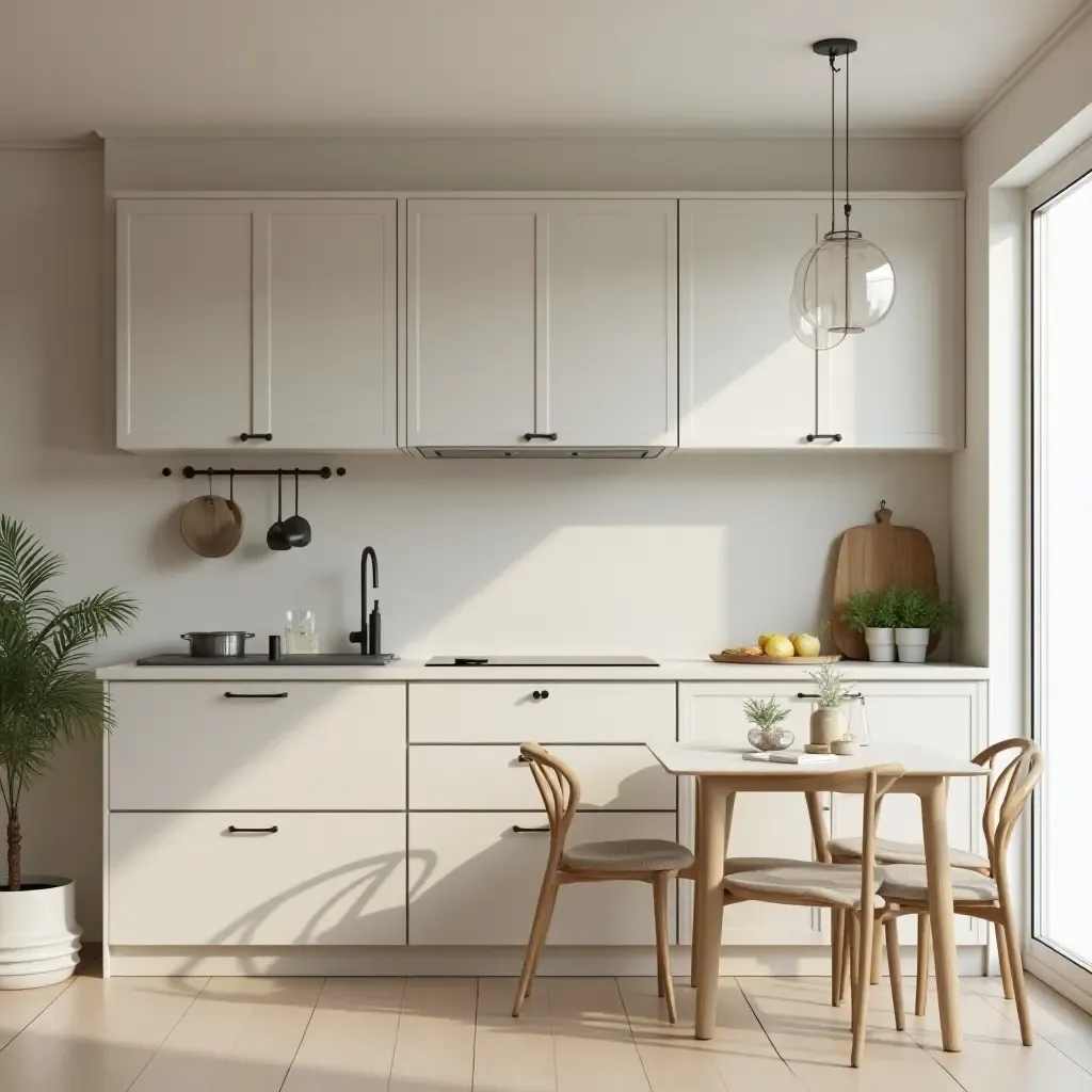 a photo of a tranquil kitchen with a mix of textures and neutral colors