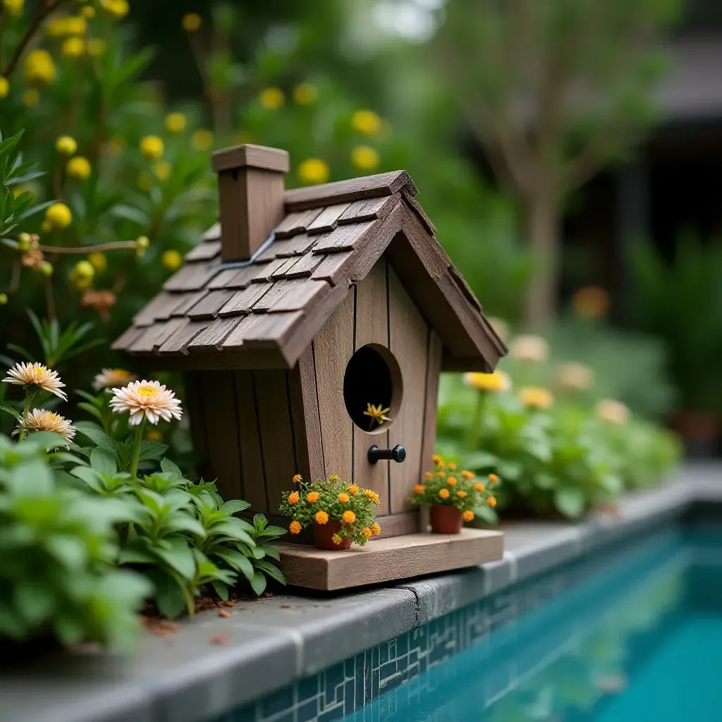 a photo of a charming birdhouse nestled among plants by the pool