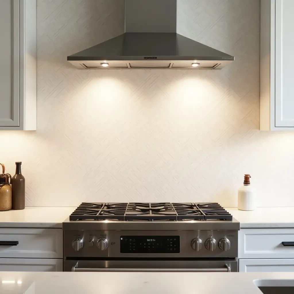 a photo of an elegant pearlized tile backsplash adding shine to a high-end kitchen