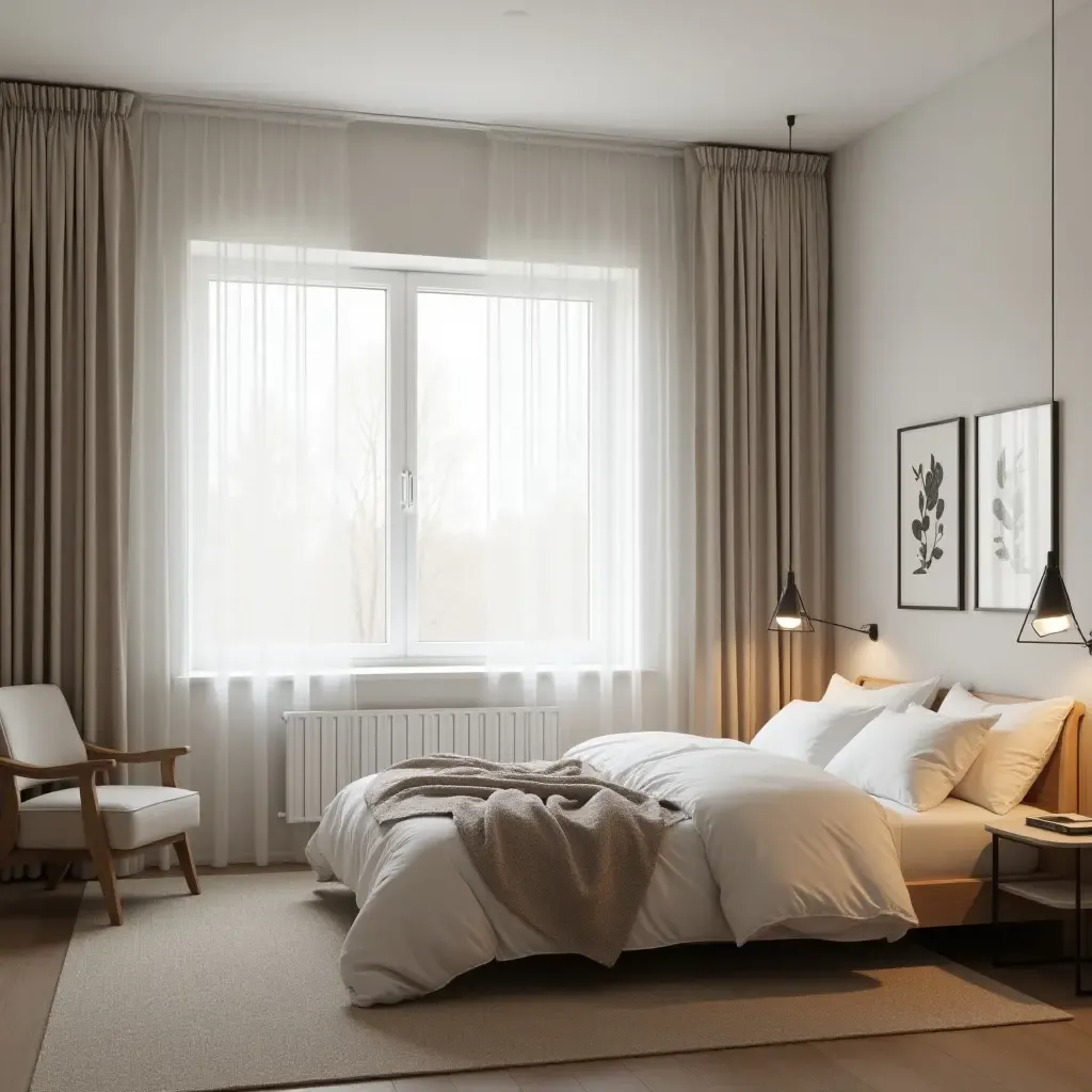 a photo of a cozy Scandinavian-inspired bedroom with minimalist furniture and airy curtains