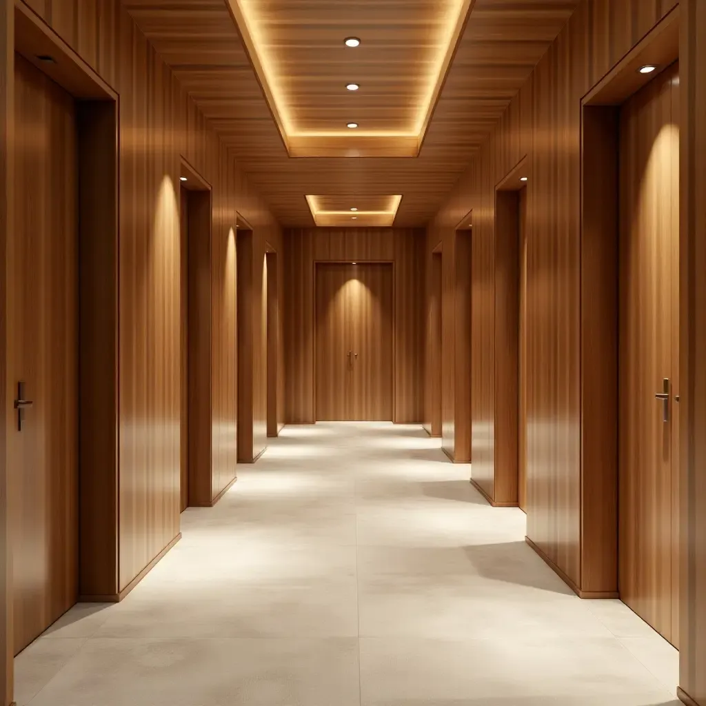 a photo of a corridor with wooden doors and welcoming decor