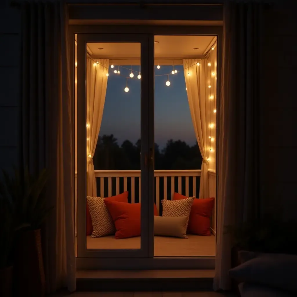 a photo of a balcony with throw pillows and fairy lights