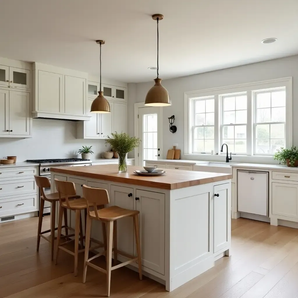 a photo of a kitchen with a large butcher block island and pendant lights