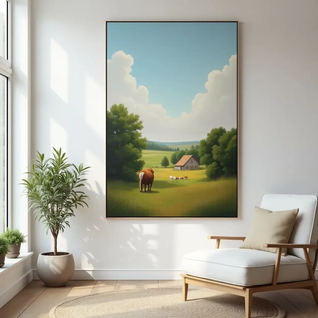 a photo of a large canvas painting of a pastoral scene in a sunroom