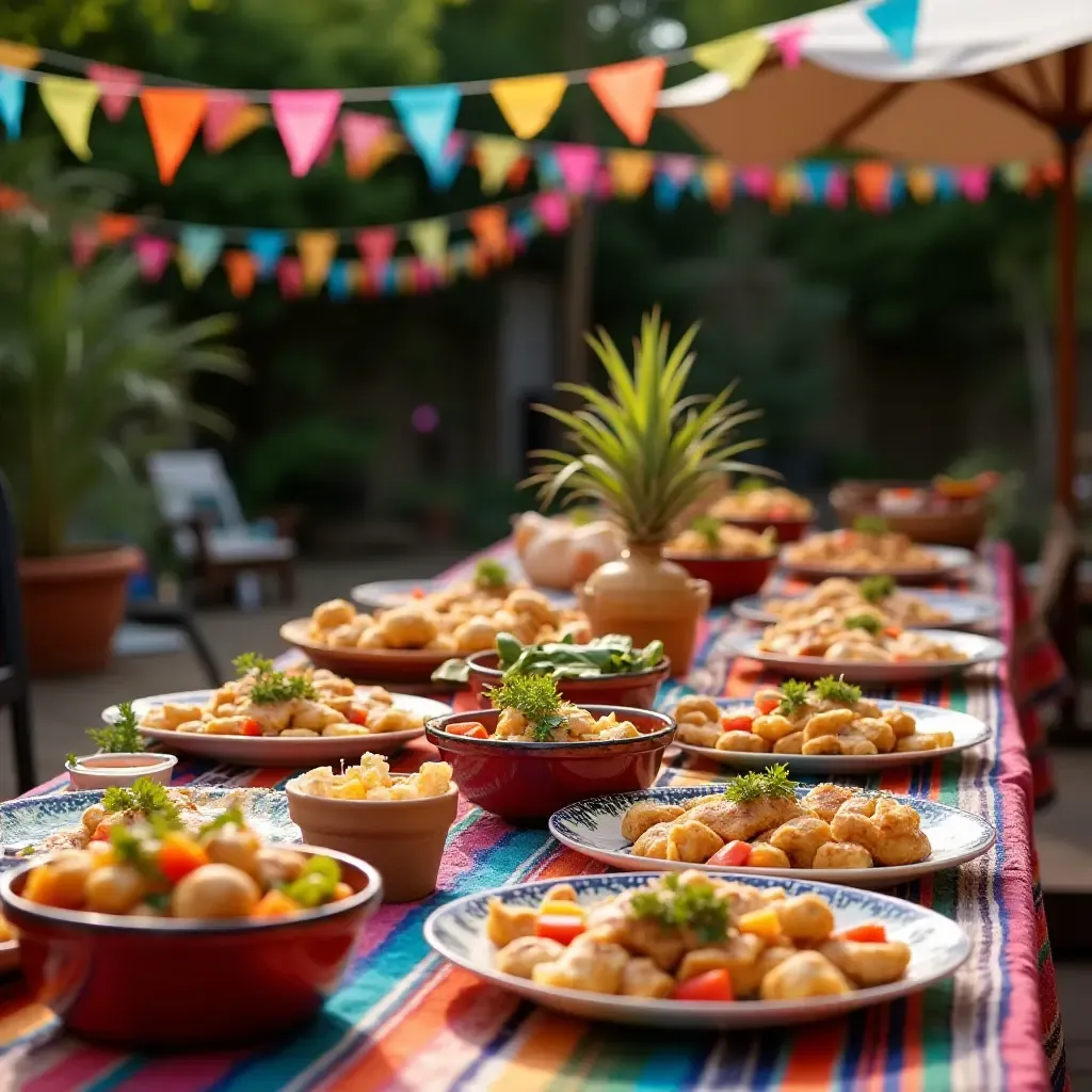 a photo of a festive outdoor party setup with colorful decorations and traditional Mexican food