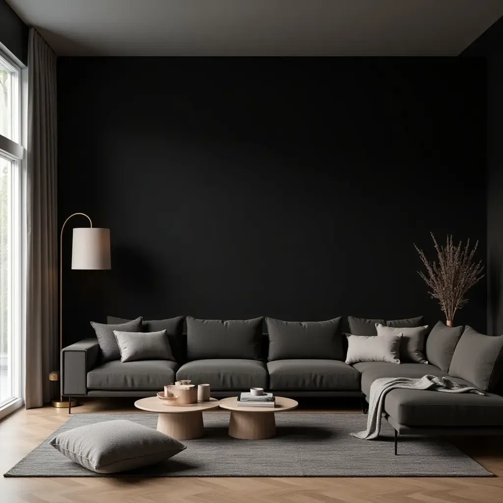 a photo of a modern living room with a sleek black accent wall and minimal decor