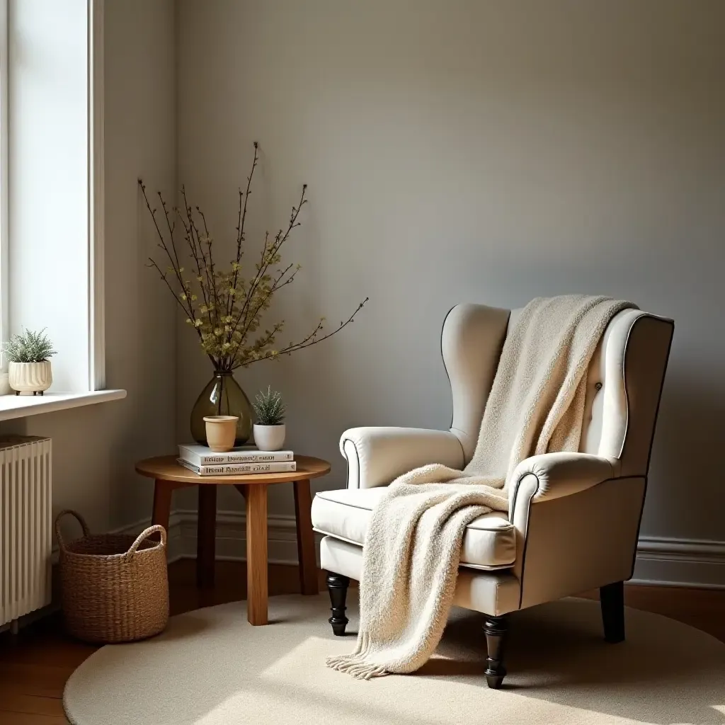 a photo of a charming area with a vintage armchair and cozy throw