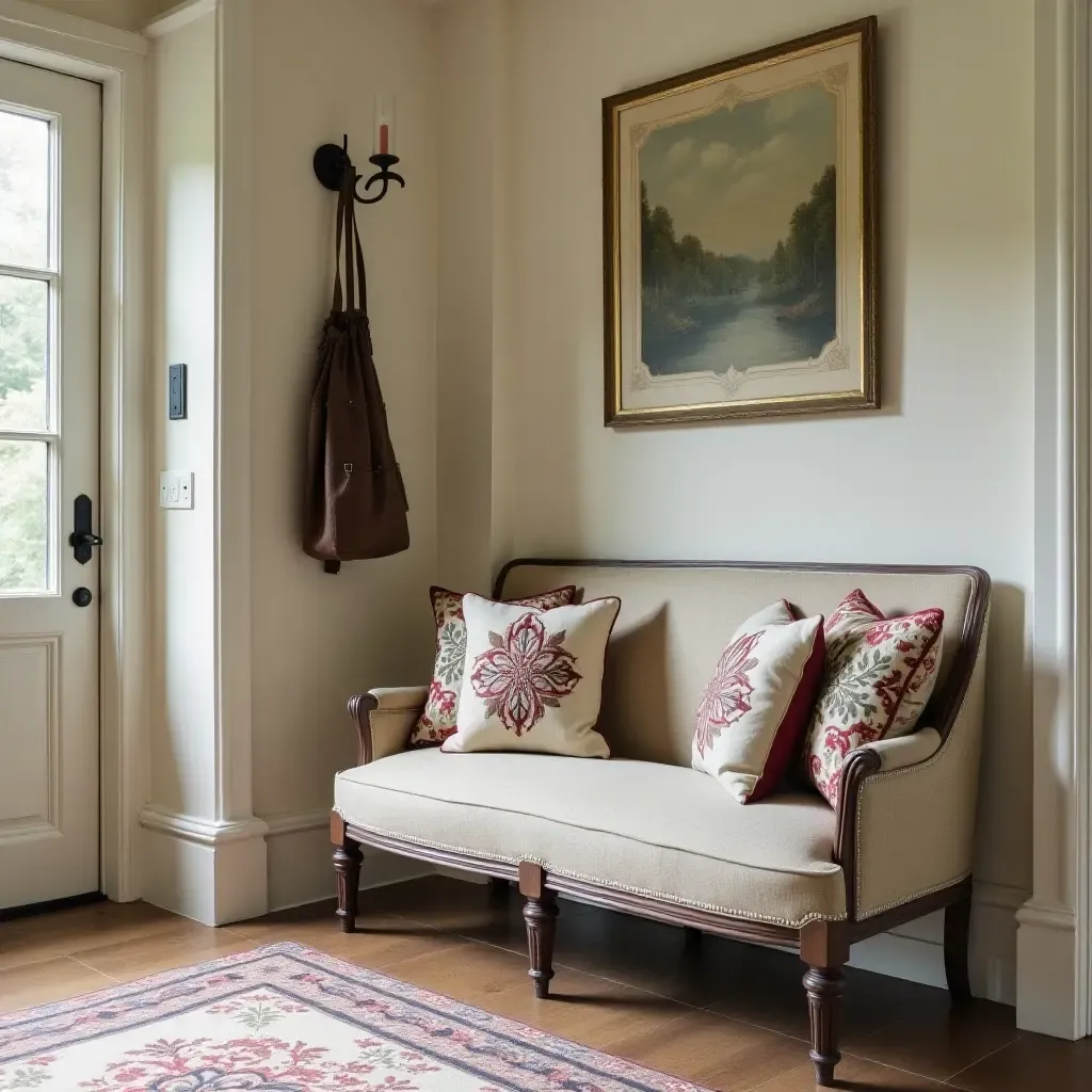 a photo of a vintage entrance hall with embroidered throw pillows on a settee