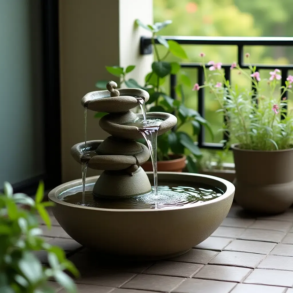 a photo of a compact water feature creating a tranquil atmosphere on a balcony