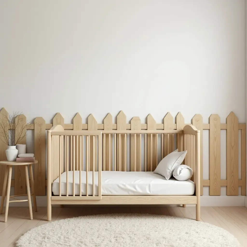 a photo of a nursery with a wooden fence around the crib