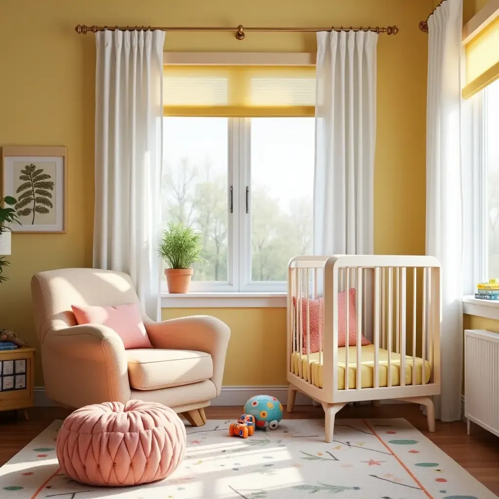 a photo of a nursery featuring a reading nook with bright, engaging colors