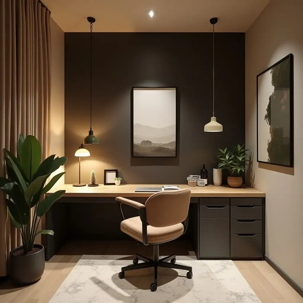 a photo of a chic basement office with pendant lighting