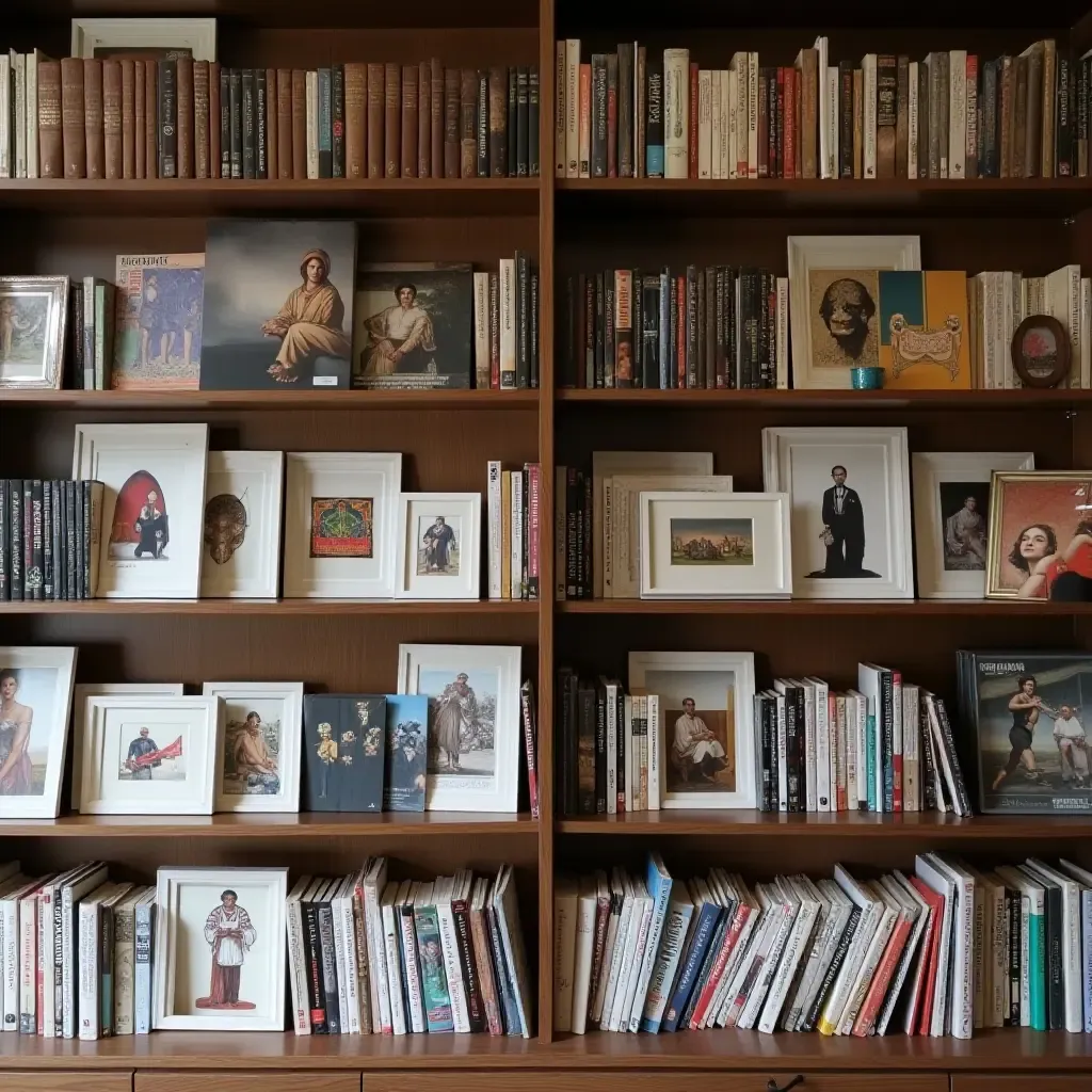 a photo of a library shelf with a curated selection of art books and prints