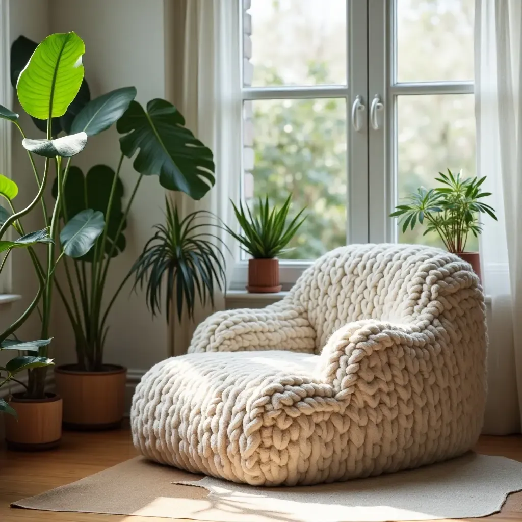 a photo of a reading area with a soft, knitted pouf and plants