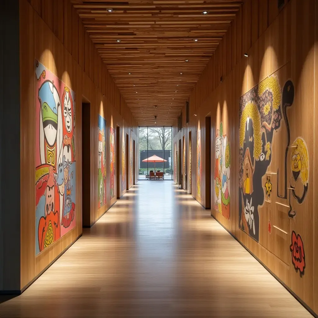 a photo of a corridor with artistic installations and interactive elements for engagement