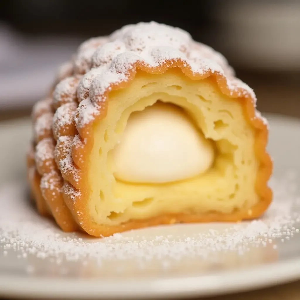 a photo of a delicate Pastel de Tentúgal pastry, dusted with powdered sugar.