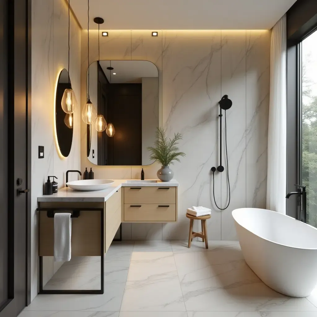 a photo of a contemporary bathroom with unique pendant lights and sleek fixtures