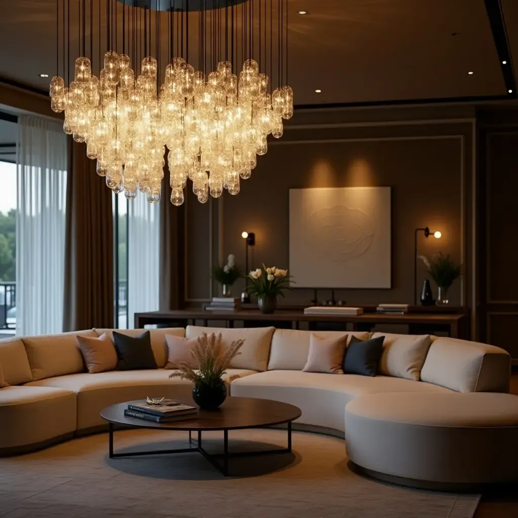 a photo of an elegant living room showcasing crystal pendant lights illuminating a chic seating area