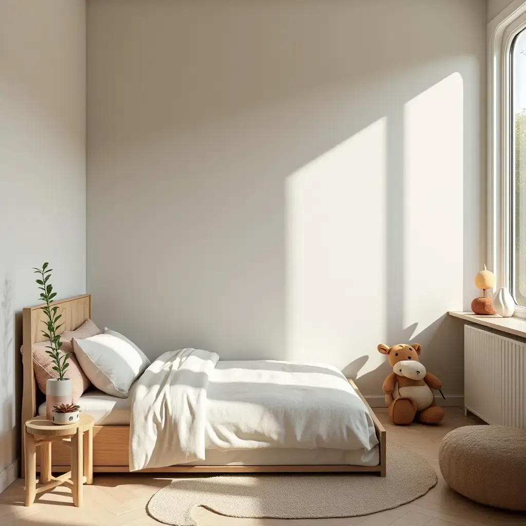 a photo of a bright and airy kids&#x27; bedroom with a focus on natural materials