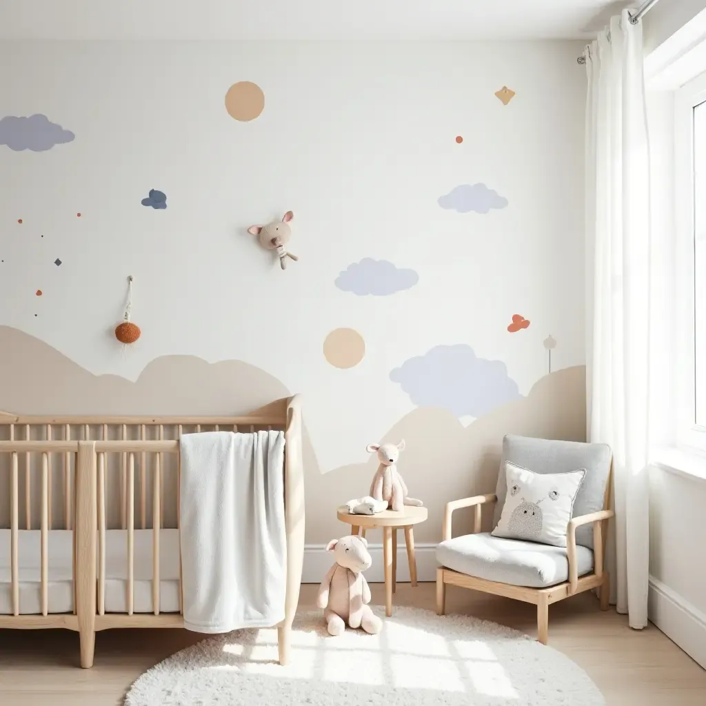 a photo of a Scandinavian nursery with a playful wall mural and soft textiles