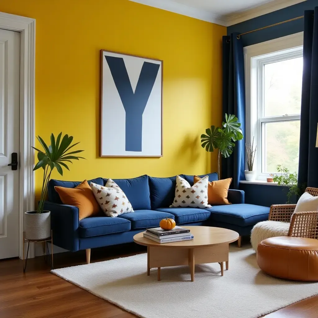 a photo of a playful living room with bold yellow and navy blue