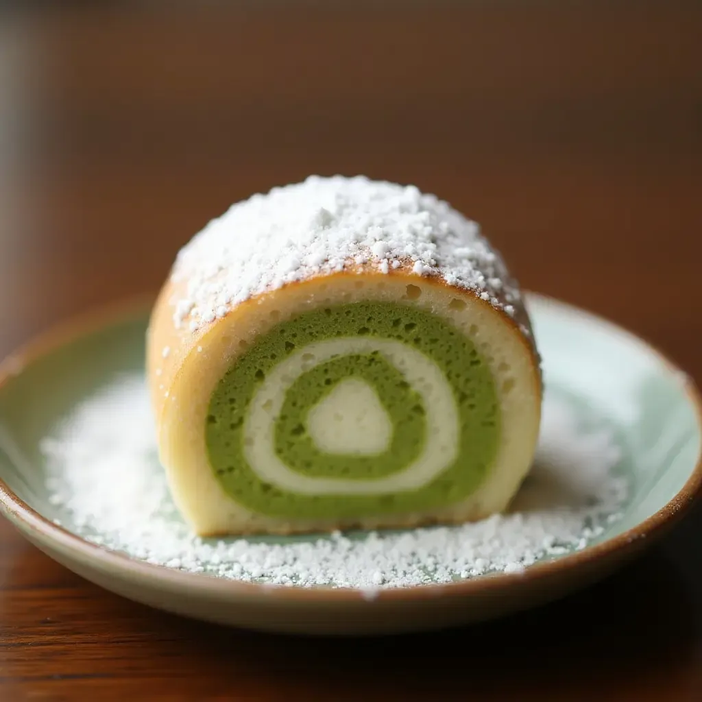 a photo of delicate Japanese matcha roll cake with powdered sugar, served on a ceramic dish.