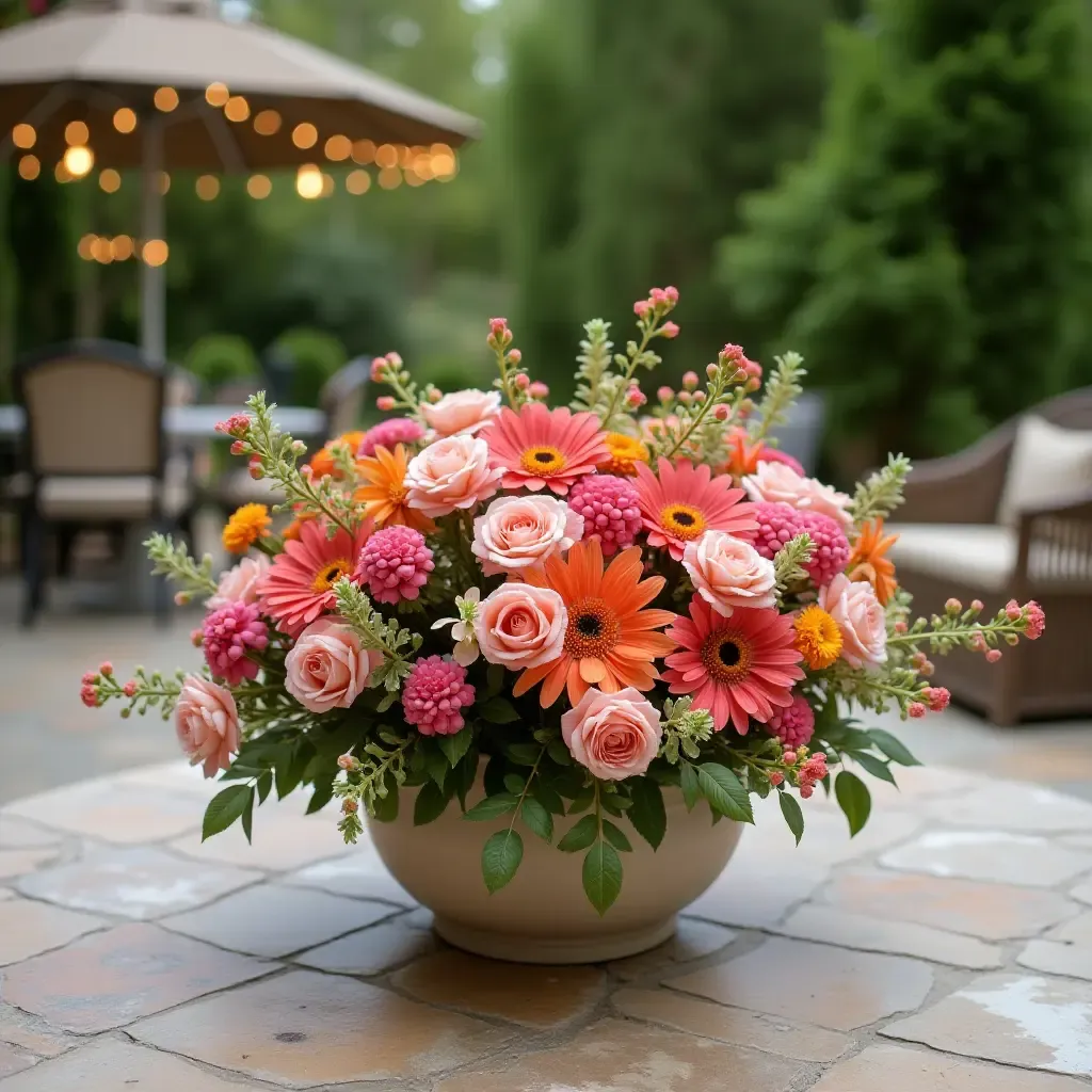 a photo of a patio with a colorful flower arrangement centerpiece