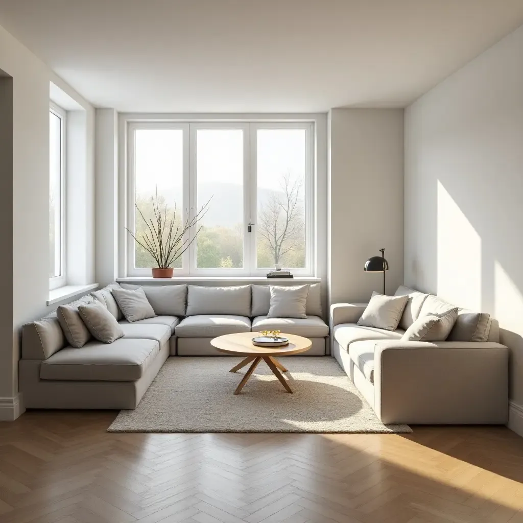 a photo of a light Scandinavian basement with large windows and minimal furniture