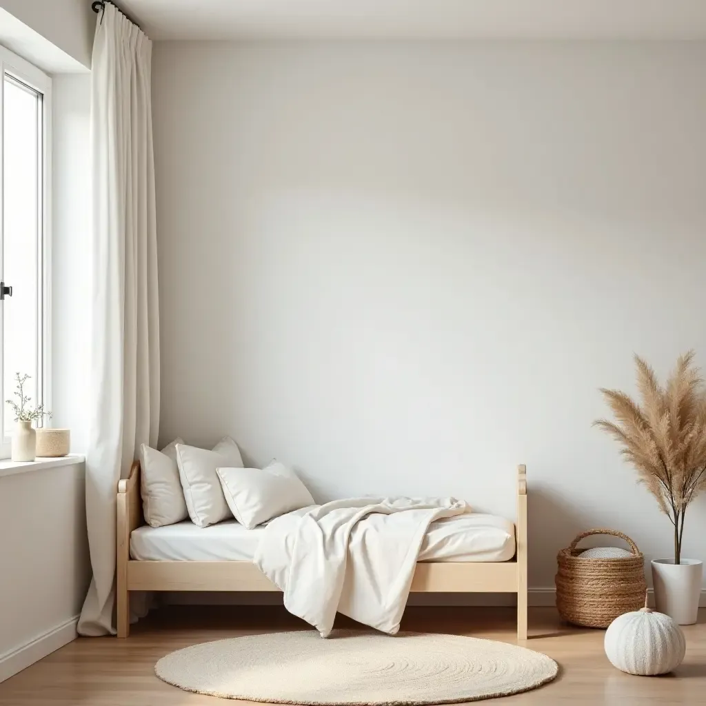 a photo of a serene kids&#x27; bedroom with a simple white palette and wooden accents