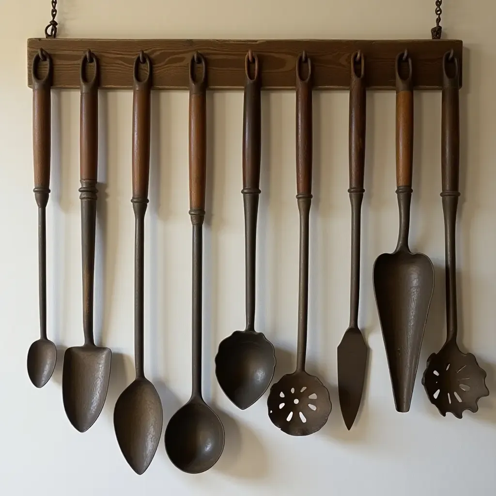 a photo of a collection of antique kitchen tools displayed on a wall