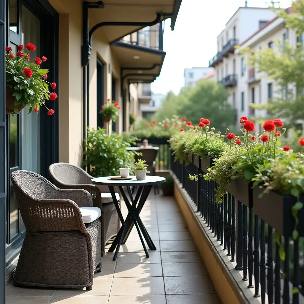 a photo of a balcony with a creative railing planter and small bistro set