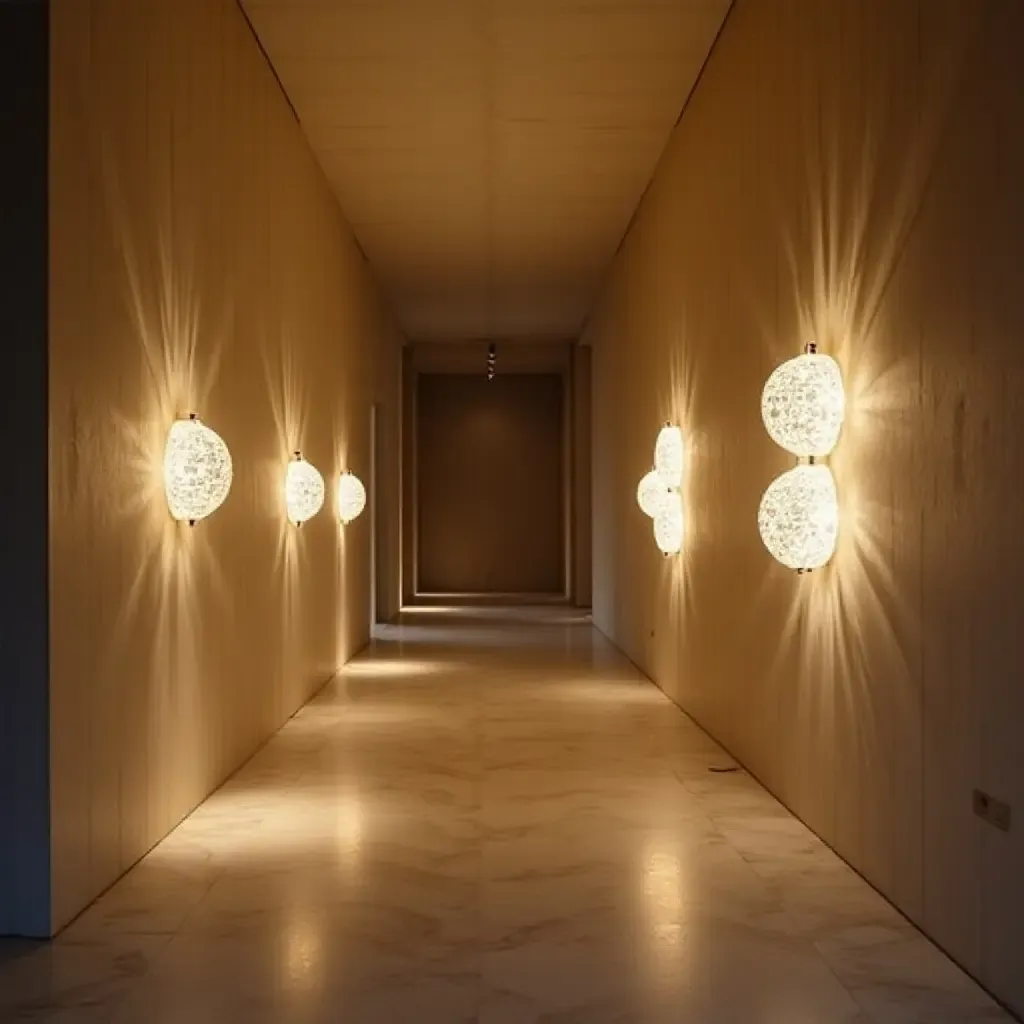 a photo of a corridor with wall-mounted light sculptures