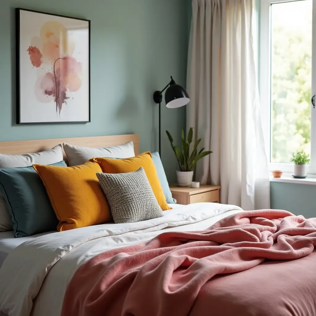 a photo of a cozy bedroom with colorful throw pillows on the bed