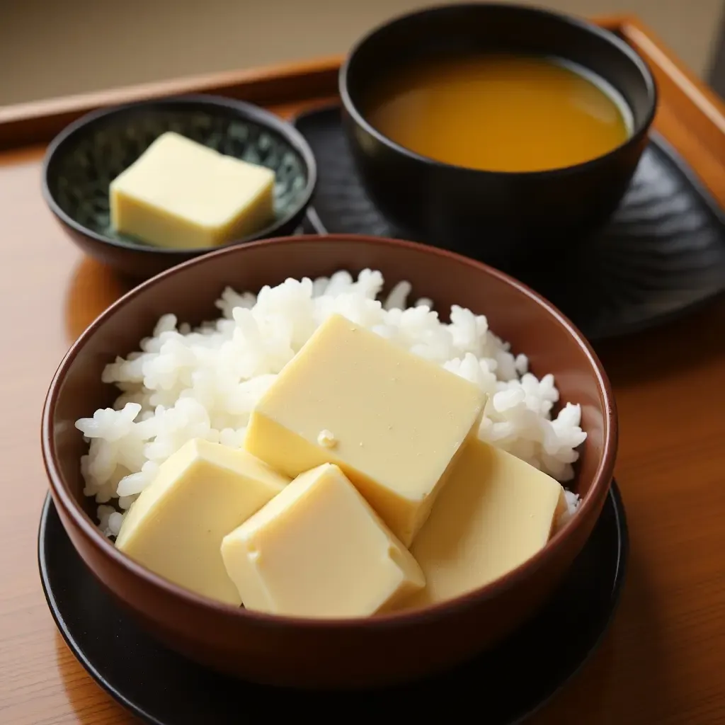 a photo of a traditional Japanese breakfast with tofu, rice, and a bowl of miso soup.