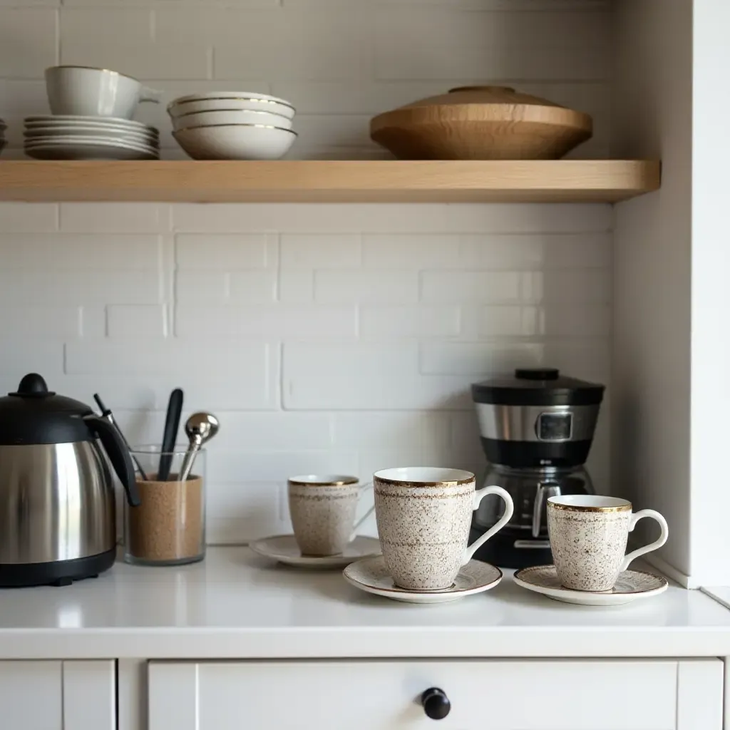 a photo of a kitchen with a luxe coffee station and decorative mugs