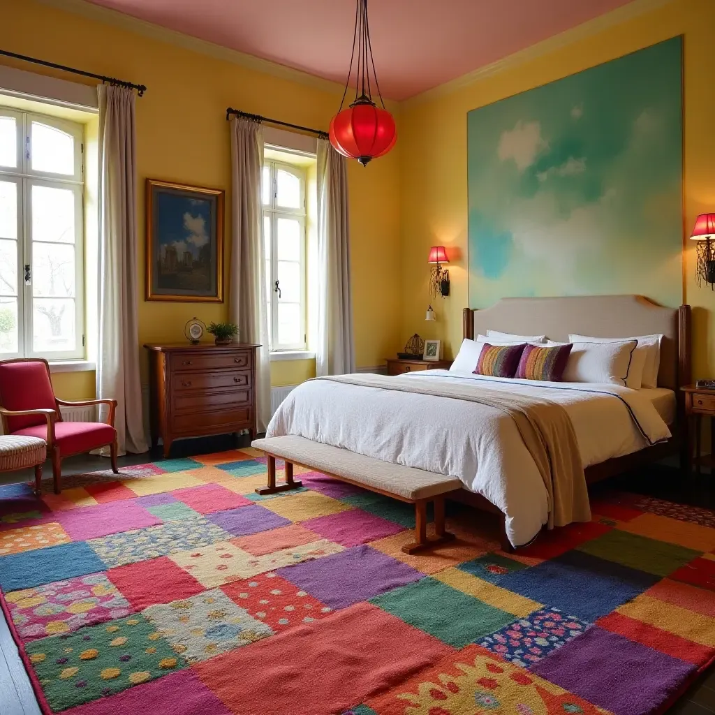 a photo of a colorful patchwork rug in a vibrant bedroom